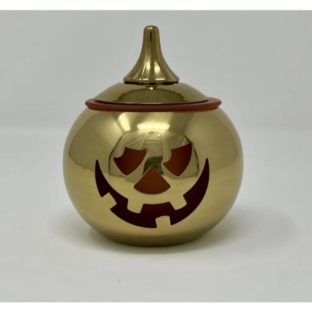 New PARTYLITE Jack-O-Lantern Pumpkin Votive Holder Gold Brass Halloween P0138